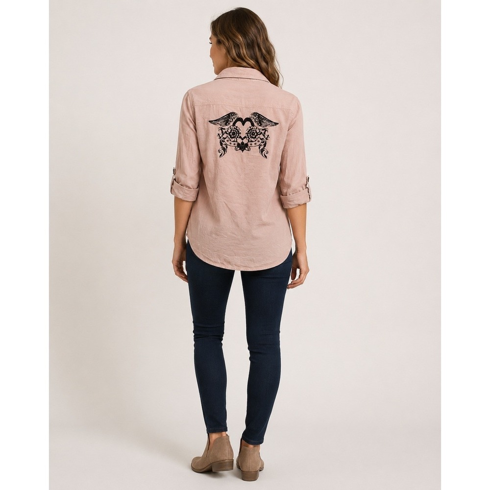 Cato Button Front Shirt Womens Large Pink Cotton Embellished Heart Screenprint‎